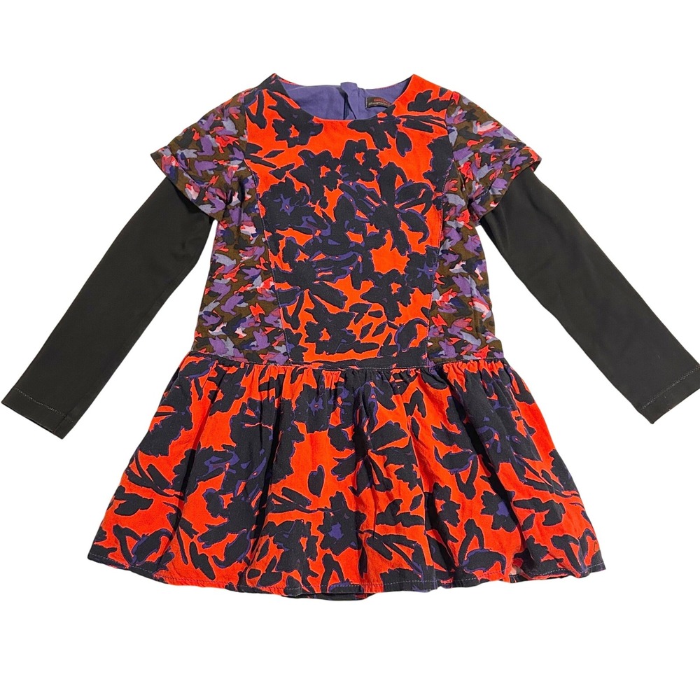 Catimini Floral Drop Waist Dress Kids Size‎ 5 Red Purple Black Long Sleeve